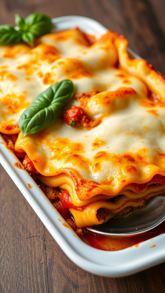 Baked lasagna with melted cheese, meat sauce, and basil, served on a wooden table.